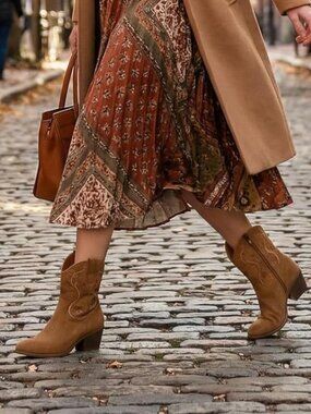 Woman's Leather Western Cowboy Ankle Booties Heeled Pointed Toe Shoes Tan